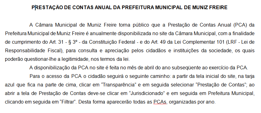 Informação sobre Prestação de Contas Anual da PMMF